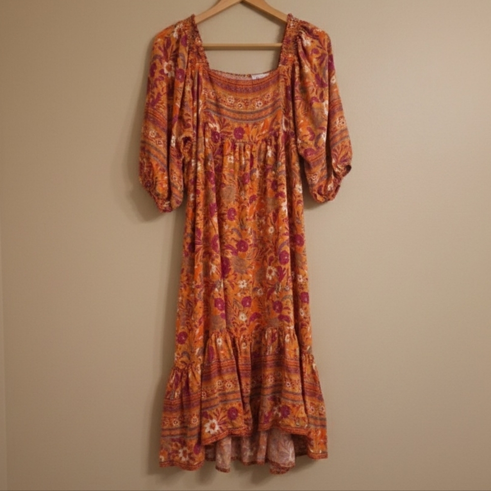 Umgee Orange Floral High-Low Dress with Pink Accents